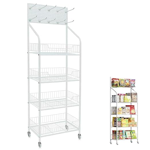 Retail Candy Snack Display Rack, 4-Tier Black Metal Storage Shelf Brackets with Wheels & Hooks Multifunctional, Home Theater Concession Stand Snack Shelf Organizer for Pantry Kitchen, White