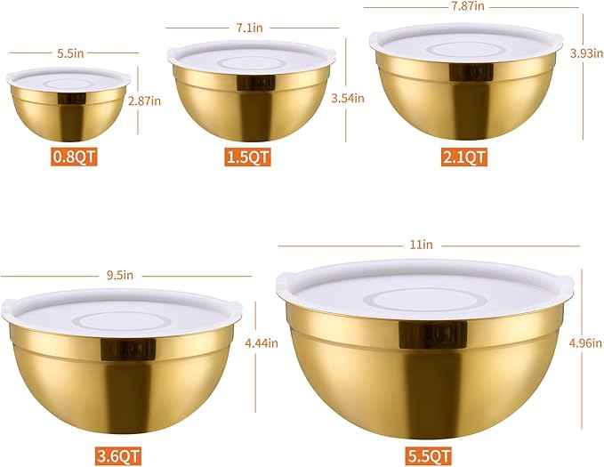 Onlycooker Gold Mixing Bowls With Airtight Lids,Stainless Steel Bowl,Salad Bowls 5 Piece Colorful Nesting Bowl Gold Kitchen Accessories,Size 5.5,3.6,2.7,2.1,1.5QT Stackable Design