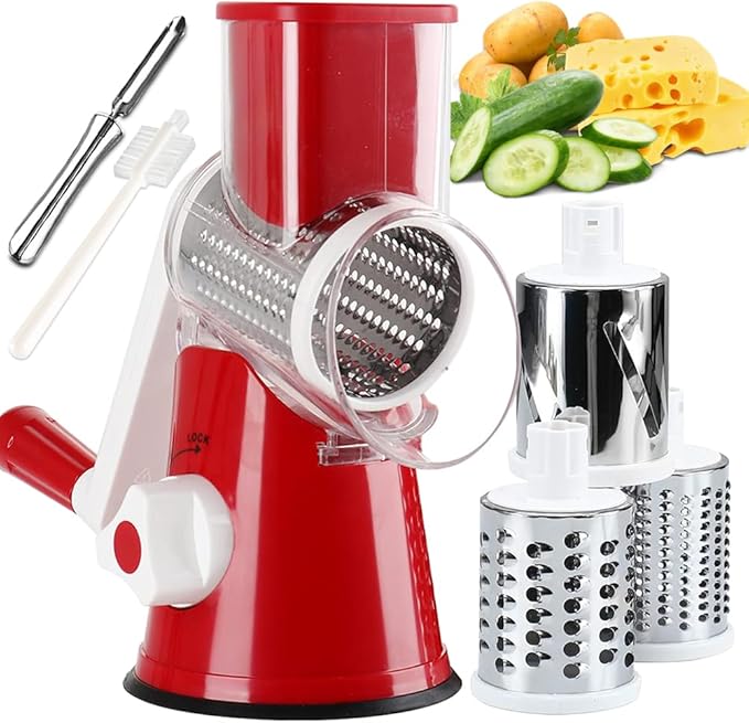 Maxceysen Rotary Cheese Grater with Handle Vegetable Shredder Round Kitchen Slicer Mandoline Grater for Vegetable, Nuts, Chocolate, Cheese, White, 3 Stainless Steel Blades