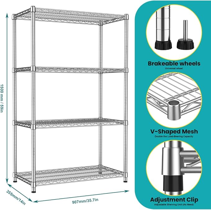 4-Shelf Heavy-Duty Industrial Wire Shelving Rack 2200 LBS Metal Storage Shelves Adjustable Standing Storage Shelf Unit Sturdy Steel Organizer for Pantry Laundry Kitchen Closet Garage 14"Dx35.7"Wx59"H