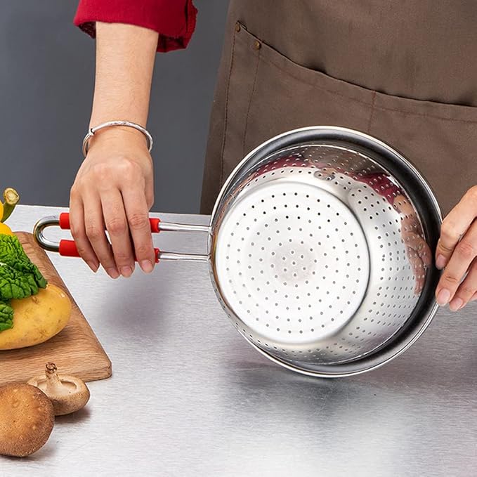 Contiup Stainless Steel Perforated Metal Colander Strainer with Long Red Handle Sieve Sifters Use for Kitchen Food Pasta Noodles Spaghetti Vegetables Silver - 10.24 inch (C072-Mer-26)