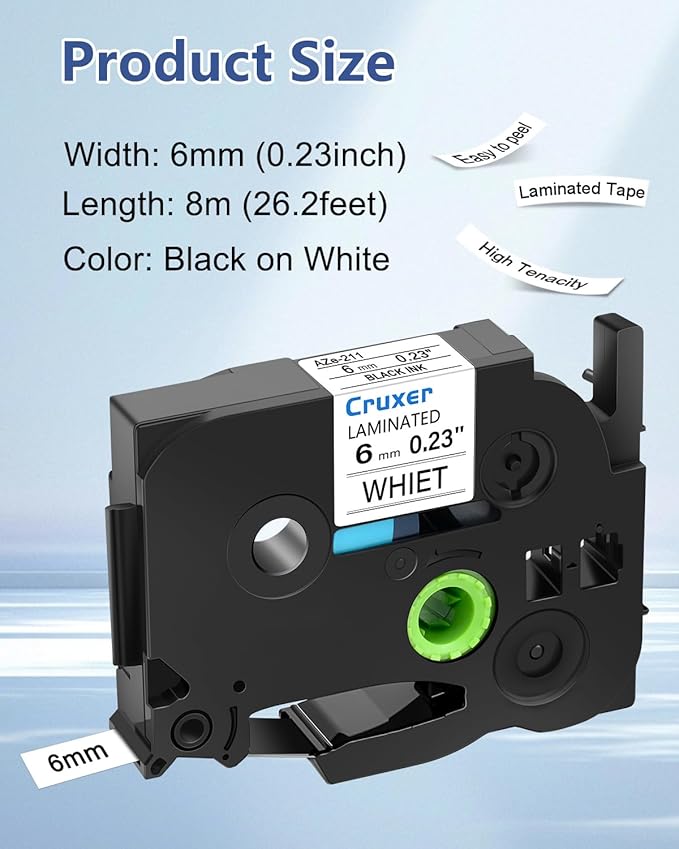 Cruxer 5 Pack Replacement for P-Touch TZe-211 TZ-211 Label Tape Black Text on White Laminated 6mm 0.23" Compatible with Ptouch PT-D200 PT-D210 PT-D400 PT-D450 PT-D600 PT-H100 PT-1230PC Label Maker