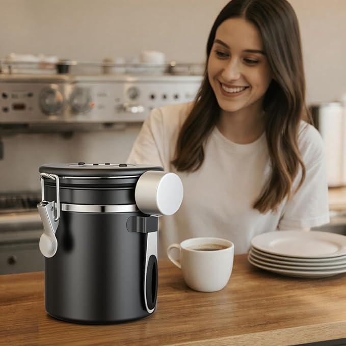 ShanSon Coffee Canister Airtight Coffee Container Stainless Steel Coffee Bean Storage Container with Scoop Coffee Canister for Beans Grounds Sugar Flour Tea Cereal,16OZ, Black
