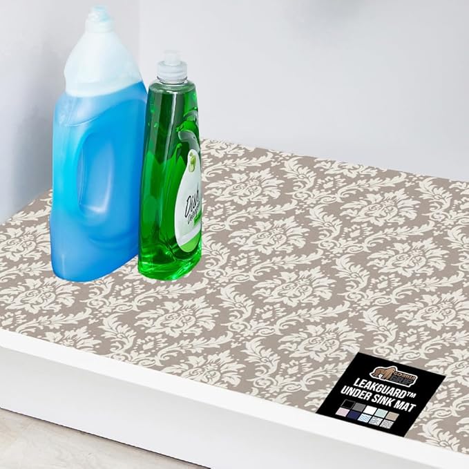 GORILLA GRIP LeakGuard Non-Adhesive Under Sink Mat for Kitchen Cabinet, Waterproof Quick Dry Shelf Liner, Durable Absorbent Felt Mats for Bathroom Sinks, Cabinets, Dresser, 24x24 Damask Taupe Cream
