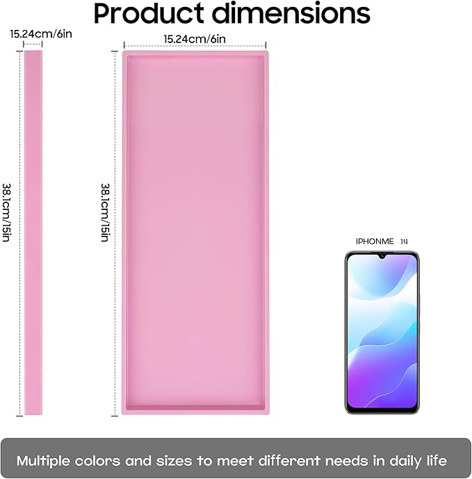 Mriluvy Vanity and Bathroom Tray, 15" ABS Countertop Organizer,Waterproof Vanity Tray for Toilet Tank,Perfume,Soap,Keys,Bathroom Accessories,Kitchen and Bath Trays,Non Slip Small Trays,Pink