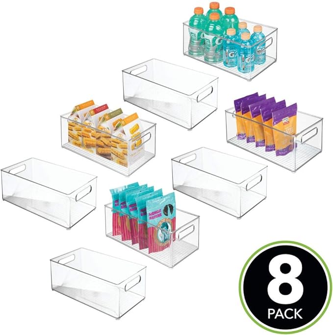 mDesign Deep Plastic Kitchen Storage Organizer Container Bin for Pantry, Cabinet, Cupboard, Shelves, Fridge, or Freezer - Holds Dry Goods, Sauces, Condiments, Drinks, Ligne Collection, 8 Pack, Clear