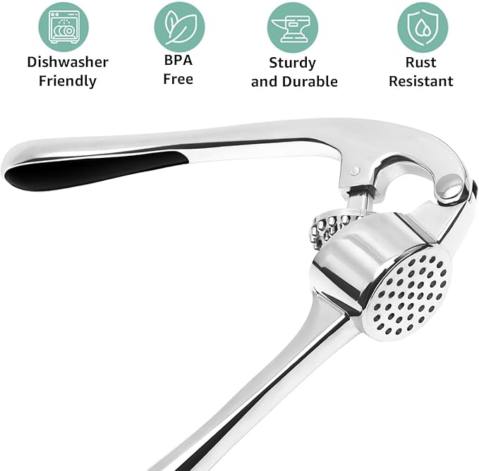 GD Premium Garlic Press Set – Rust-Proof Garlic Mincer Crusher smasher Tool – Easy-Squeeze, Easy-Clean with Soft Ergonomic Handle – Dishwasher Safe, Includes Silicone Peeler & Brush (Imperial Silver)