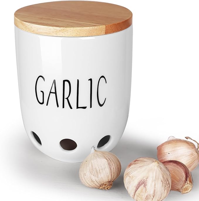 HAOTOP Ceramic Garlic Keeper for Counter, Garlic Saver Container with Wood Lid, Garlic Keeper for Kitchen, Garlic Holder to Keep Your Garlic Cloves Fresh Longer (White)