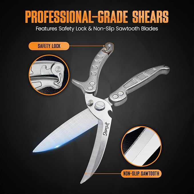 Poultry Shears Heavy Duty Professional, Turkey Shears for Chicken & Bone Cutting, Meat Cutting Scissors, Spring-Loaded Multi-purpose Kitchen Scissors, Dishwasher Safe, Non-Slip Handle, Silver
