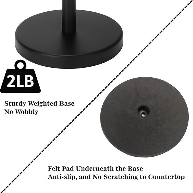 Black Paper Towel Holder Countertop, Standing Paper Towel Roll Holder for Kitchen Bathroom, with Weighted Base for One-Handed Operation, Stainless Steel in Black Matte Finish