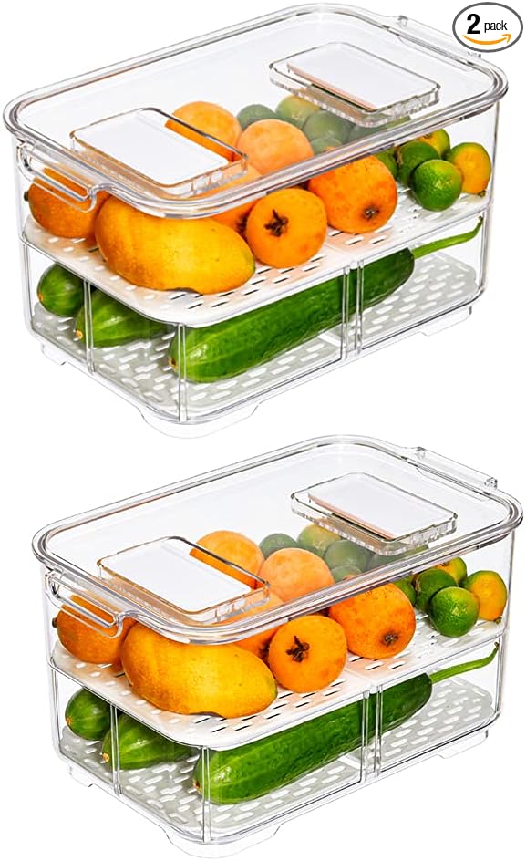 Fridge Produce Saver Containers - Storage Bins for Freezer With Lids and Removable Drain Tray - Fresh Keeper Organizer - 2 Pack