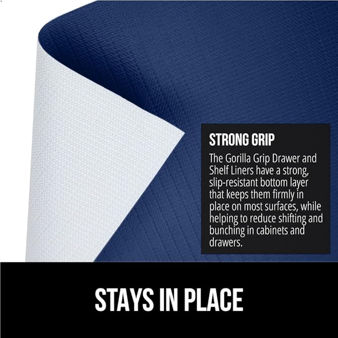 GORILLA GRIP Slip Resistant Drawer and Shelf Liner 2 Pack, Non Adhesive Water Resistant, Easy Clean and Trim, Smooth Surface Liners for Kitchen Cabinet, Shelves, Drawers, Pantry, 12 in x 10 FT, Navy