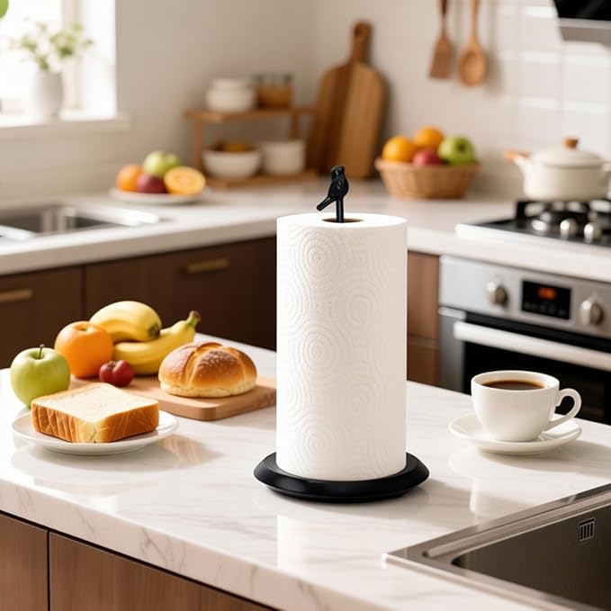 Black Paper Towel Holder Stand for Countertop with Solid Wood Base and Wrought Iron Bird, Rustic Farmhouse Vintage Cottage Core Kitchen Decor, Stable Towel Dispenser with Non-Slip Pad