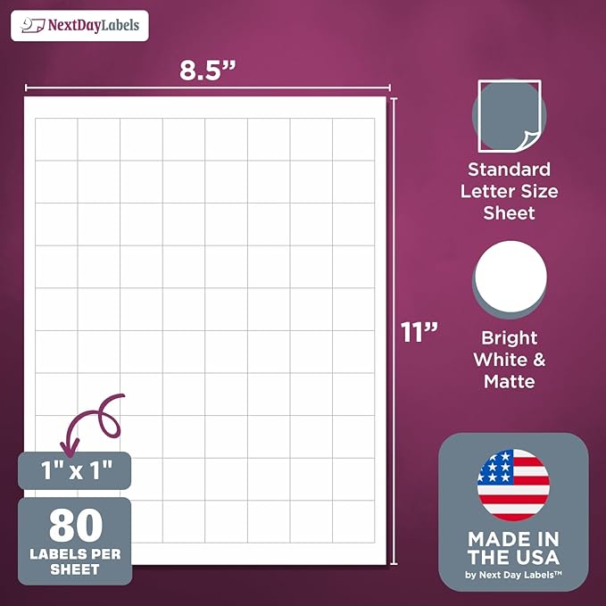 NextDayLabels 1x1 Inch Square Stickers White Blank Labels for Laser Inkjet Printer - 80 Per Sheet Self-Adhesive Color Coding Inventory Barcode Made in USA - 80,000 Labels