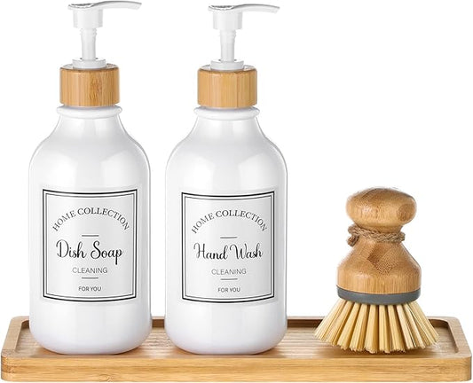 4 Pieces Kitchen Soap Dispenser Set 16 oz Dish Soap Dispenser with Bamboo Pump Soap Tray and Dish Brush Bathroom Soap Dispenser Set with Waterproof Labels for Hand Soap Dish Lotion (White)