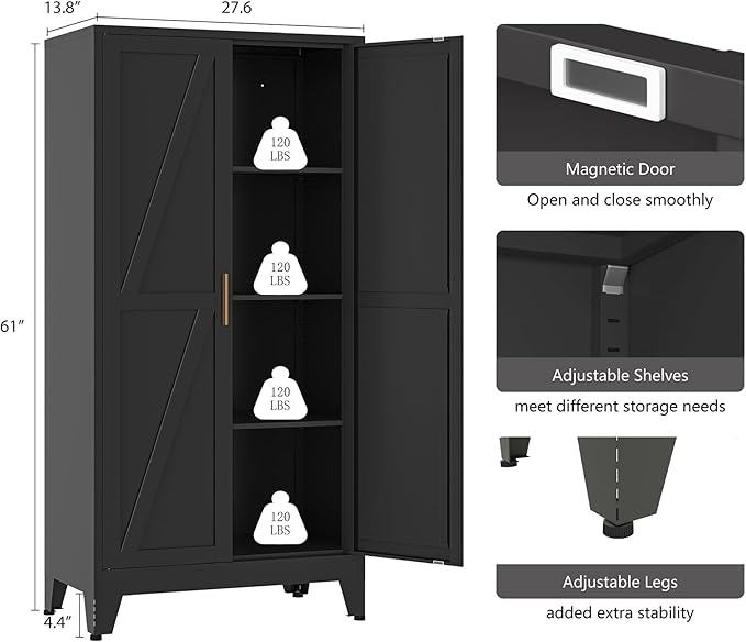 YAUWOH 61''Metal Cabinet with 3 Adjustable Shelves,4-Tier Pantry Storage Cabinet,Kitchen Pantry Cabinet for Living Room,Dining Room, Black