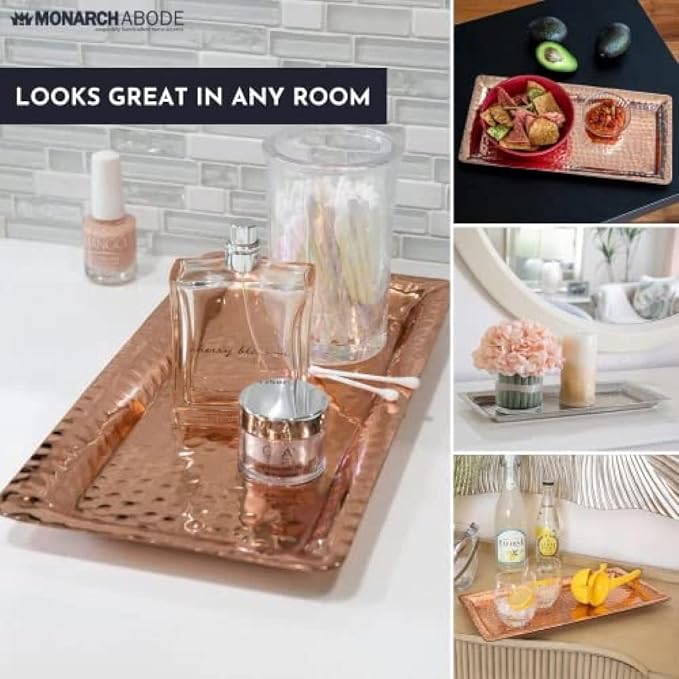 Monarch Abode Decorative Tray – 12-Inch Hand Hammered Copper Plated Metal Bathroom Tray Countertop, Vanity Trays Organizer, Perfume Plate for Dresser, Kitchen Countertop Small Fruit Platter
