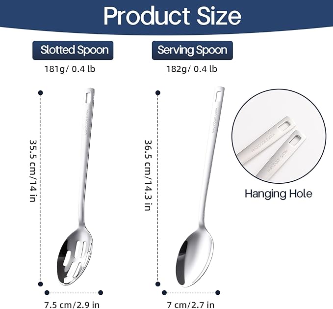 MAXCOOK 18/8 Stainless Steel Cooking Spoons Set - 2-Piece Solid Slotted Serving Spoon Cooking Utensils set for Pasta, Veggies, Salads (Dishwasher-Safe)