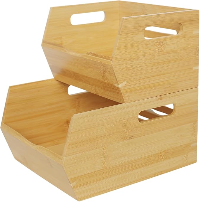 Bamboo Pantry Storage Bins， Potato and Onion Storage Bin Ventilated stackable Design Kitchen Organization Storage Basket Food Fruit Container for Cabinet, Studio, Office