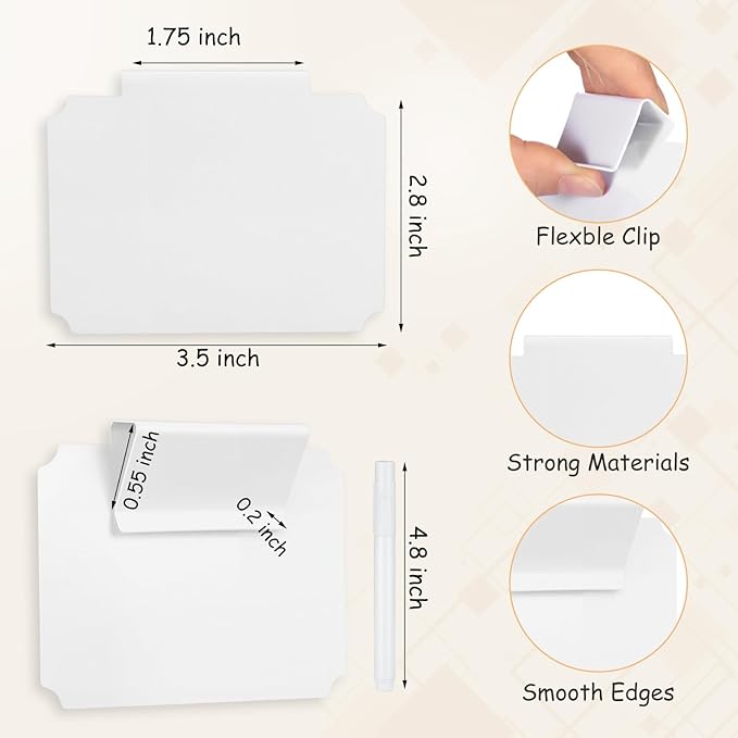 50 Pcs White Basket Labels Clip with 4 Black Chalk Markers Reusable Plastic Storage Bin Erasable Labels Kitchen Pantry PVC Tag Stickers for Fabric Cubes Basket Box Organization