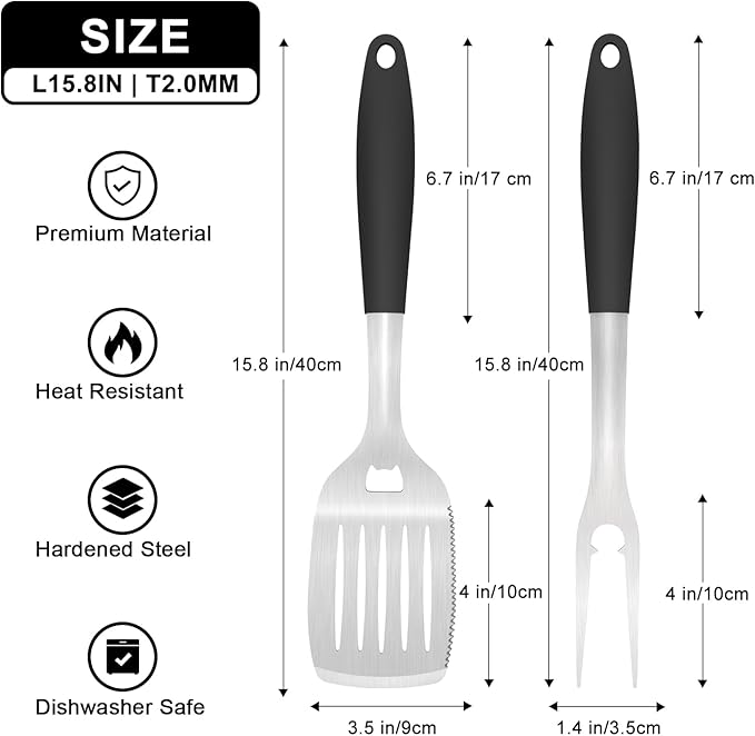 POTWIY Grill Tools BBQ Accessories Set of 2, 15.8'' Heavy Duty Stainless Steel Grill Utensils with Grill Spatula and Fork, Full Tang Silicone Handle, Outdoor Grilling Tools Barbecue Accessories