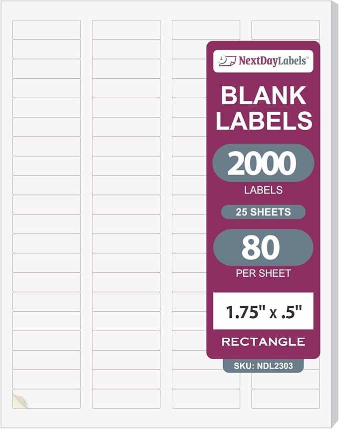 NextDayLabels 1.75x0.5 Inch Rectangle Stickers White Blank Labels for Laser Inkjet Printer - 80 Per Sheet Self-Adhesive Return Address File Folder Made in USA - 2000 Labels