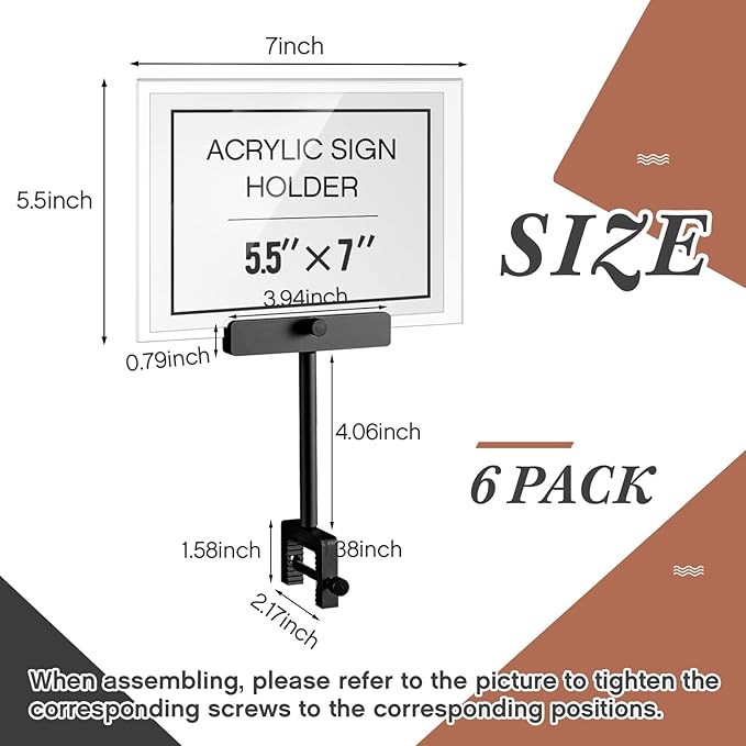 6 Set 5.5 x 7 Inch Aluminum Alloy Retail Sign Holder with Clamp Acrylic Frame Clothing Rack Clip on Sign Holder for Retail Stores Price Card Display (Black)