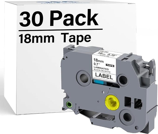Weemay Compatible TZ Tape 18mm 0.7 Laminated White for Brother Label Maker Tape TZe-241 TZe241 TZ241 TZ-241 Ptouch 3/4 Inch Black on White Refill for P Touch PTD400 PTD600, 30 Pack