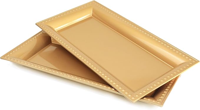 Leemxiiny 2 Pack Gold Bathroom Vanity Tray for Countertop with Beads, Small Plastic Toilet Tank Versatile Storage Organization Tray for Makeup, Perfume, Desk, Kitchen, Candles, 14"x7"x1", 36G