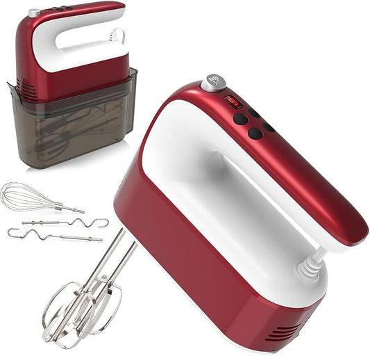 Yomelo 9-Speed Digital Hand Mixer Electric, 400W Powerful DC Motor, Hand Mixer Electric Handheld with Snap-On Storage Case, 5 Stainless Steel Accessories, Beaters, Dough Hooks, Whisk(Red/White)