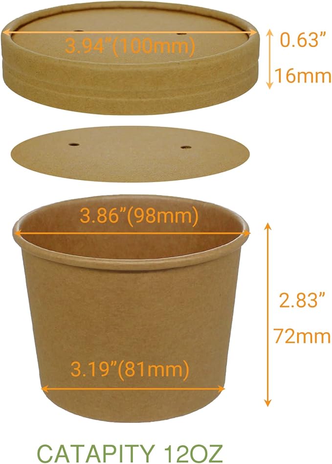 Belinlen Paper Ice Cream Cups with Paper Lids, Hot/Cold Soup Cups with Lids (Kraft) (50, 12 oz)