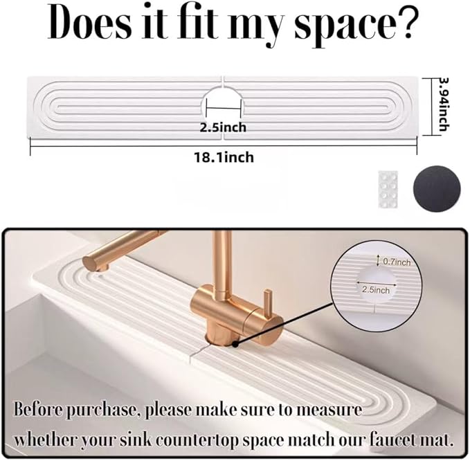 Quick Drying Stone Faucet Mat for Kitchen Sink, 18.1'' Long Diatomite Sink Tray, Faucet Splash Guard for Kitchen,Bathroom Counter, Prevents Moisture, Super Absorbent, White (White, 18.1" x 3.9")