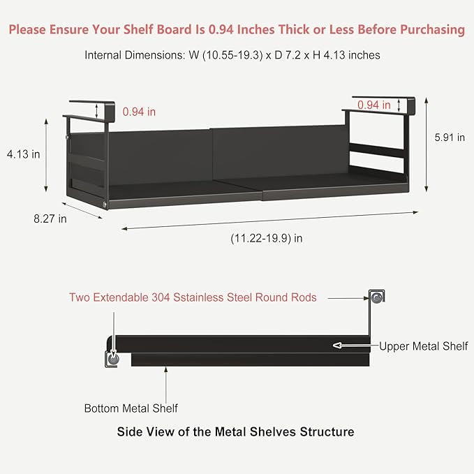 Expandable Under Cabinet Shelf Organizer with 0.94-Inch Thick Clips, Heavy Duty Extendable Under Shelf Storage Basket for Pantry or Laundry Room, Black, 1 Pack, Interior: 4.13" H x 7.2" D