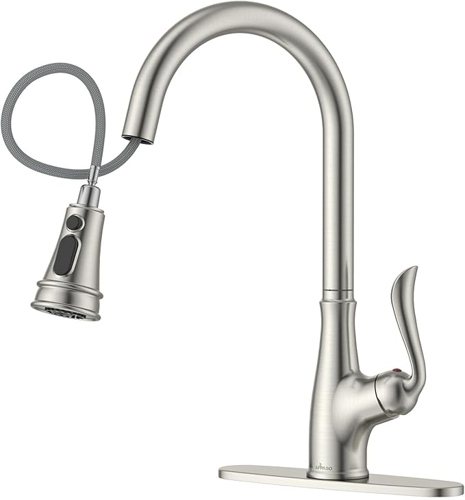 APPASO Patented Brushed Nickel Kitchen Faucet, Single Handle Kitchen Faucet with Pull Down Sprayer, Stainless Steel High Arch, cUPC-Certified Pull-Out Hose, Water Supplies & Valve
