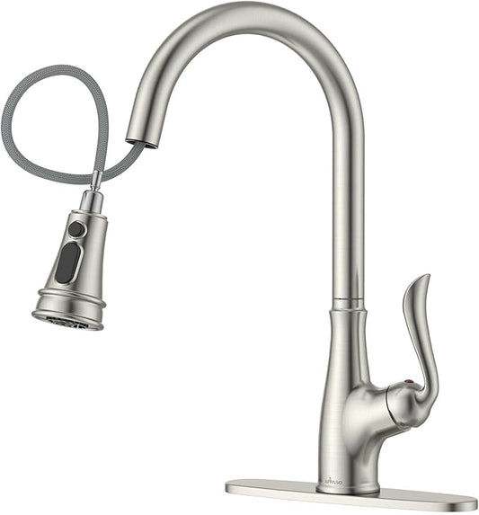 APPASO Patented Brushed Nickel Kitchen Faucet, Single Handle Kitchen Faucet with Pull Down Sprayer, Stainless Steel High Arch, cUPC-Certified Pull-Out Hose, Water Supplies & Valve