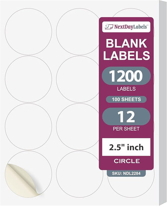 NextDayLabels 2.5 Inch Round Circle Stickers White Blank Labels for Laser Inkjet Printer - 12 Per Sheet Self-Adhesive Product Packaging Logo Made in USA - 1200 Labels