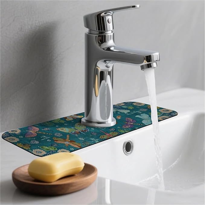 Kitchen Sink Splash Guard，Butterflies and dragonflies Faucet Mat Sink Gadgets-Super Absorbent Fast Drying Mat Drip Catcher for Kitchen, Bathroom,Sink Mat, Dish Drying Mat, Bathroom(15" X 5.5" )