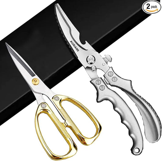 AUDAMI Stainless Steel Heavy Duty Kitchen Scissors - 2 Pack Multipurpose Food Scissors, Poultry & Meat Shears