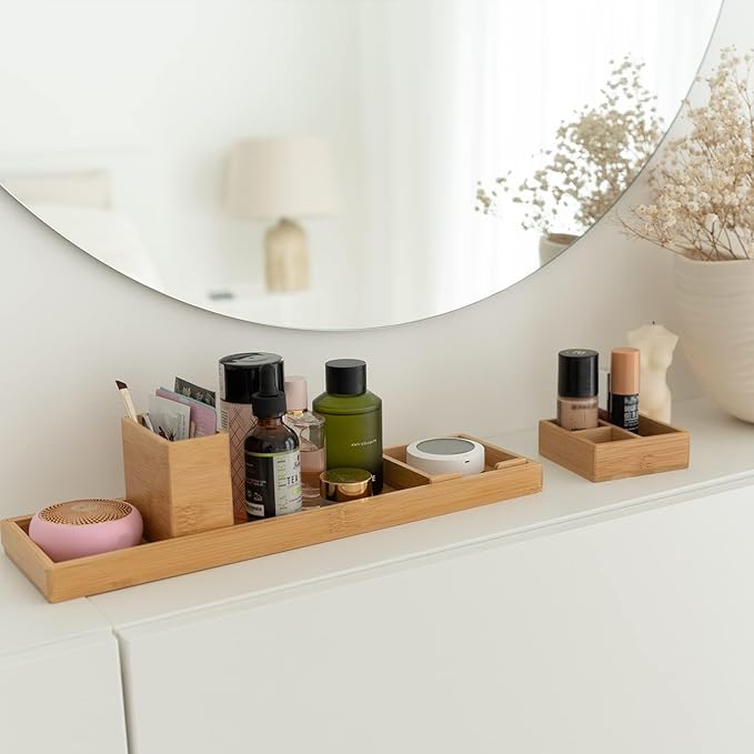 ROCDEER Bamboo Vanity Tray, 6-Piece Bathroom Countertop Vanity Tray Set, Makeup Kitchen Desk Organizer and Storage - Holds Small Items
