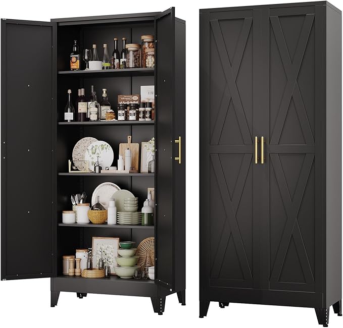 71" Tall Kitchen Pantry Cabinet, Metal Storage Cabinet with 2 Doors and 4 Adjustable Shelves, Black Food Pantry Cupboard for Kitchen, Dining Room, Living Room and Bathroom (Black)