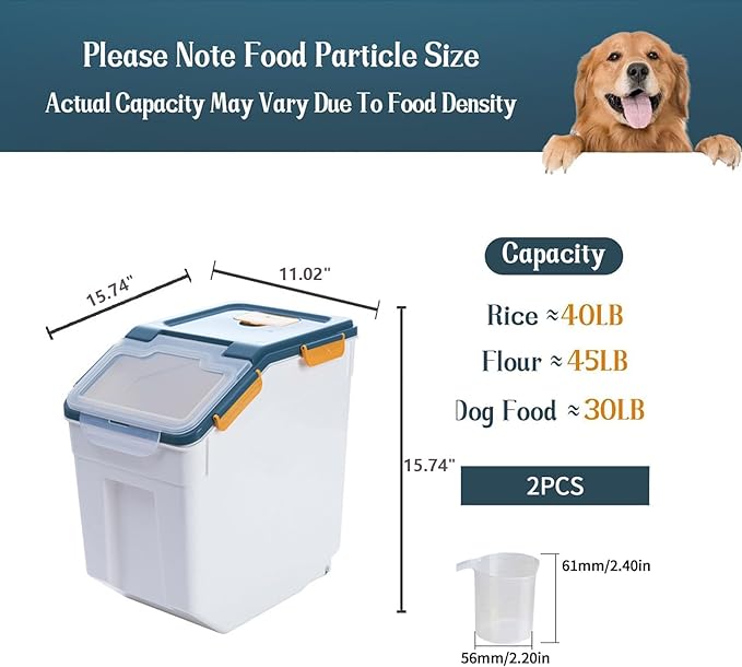 PENCK Large Flour Storage Container Bin 40lbs (2 Pack) - 50lb Rice Dispenser with Locking Lid, Measuring Cup & Scoop - Kitchen Pantry Organizer for Cereal, Grain (Blue)