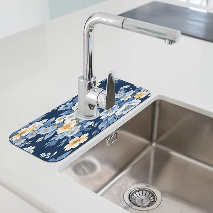 Deep Blue Floral Kitchen Faucet Mat Splash Guard, 15.4”x5.7” Absorbent Quick Drying Sink Mat for Countertop Protection, Draining Mat Sink Protectors For Kitchen Bathroom, 2 Pack