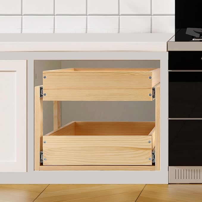 Mulush Pull Out Cabinet Organizer, 14''W×21''D×16''H Soft Close Slide Out Wood Drawer Shelves Storage for Kitchen, 2-Tier, Finished, Heavy-Duty, Bottom Assembly