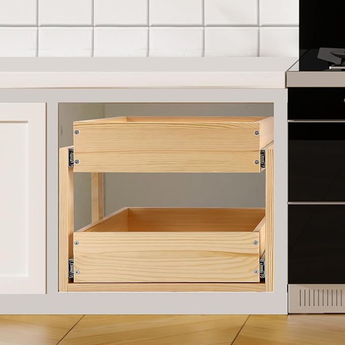 Mulush Pull Out Cabinet Organizer, 23''W×21''D×16''H Soft Close Slide Out Wood Drawer Shelves Storage for Kitchen, 2-Tier, Finished, Heavy-Duty, Bottom Assembly