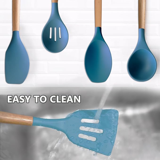 IOCBYHZ Silicone Kitchen Cooking Utensils Set 5Pcs Non-Stick Silicone Kitchen Utensils Set Spatula Spoon Turner Ladle with Wooden Handle, Heat Resistant Cooking Gadgets for Nonstick Cookware BPA-FREE