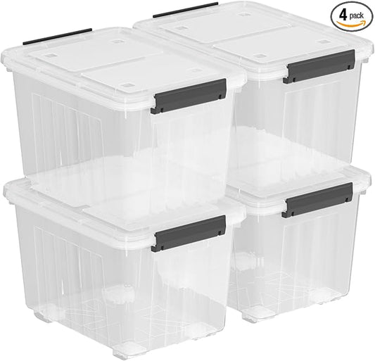 30 Quart 4 Pack Plastic Storage Bins with Latching Lids and Wheels, Clear Latch Box Container