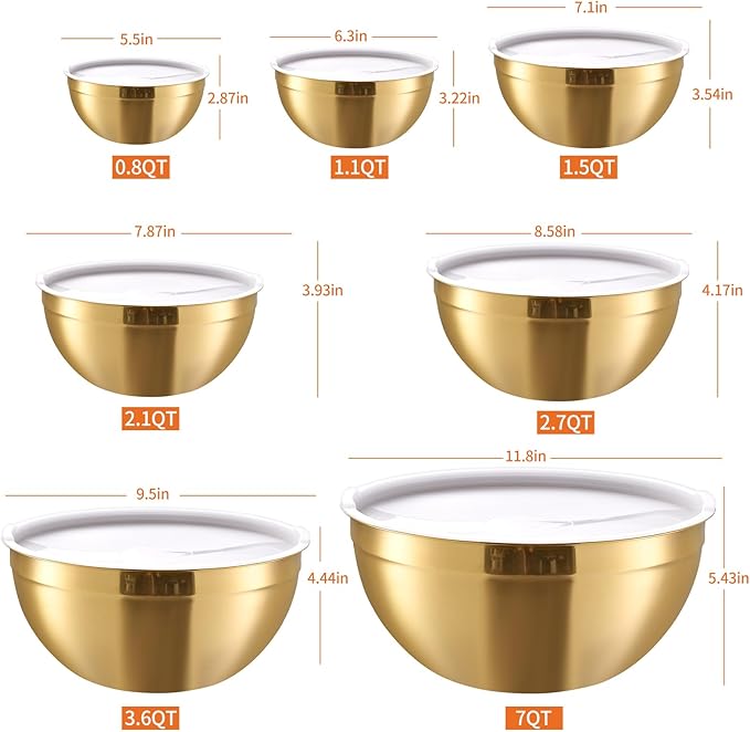 Onlycooker Gold Mixing Bowls With Airtight Lids,Stainless Steel Bowl,Salad Bowls 7 Piece Colorful Nesting Bowl Gold Kitchen Accessories,Size 7,3.6,2.7,2.1,1.5,1.1,0.8QT Stackable Design