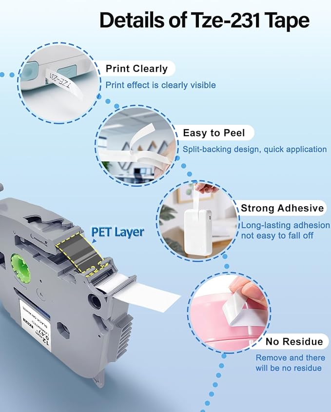 TZe-231 Label Tape 12mm Replacement for Brother Label Maker Tape 12mm 0.47 Laminated White TZ-231 TZe231 TZ Tape Work for Brother P Touch PT-H110 PTD210 D220 D400 D600 1280, 4PK