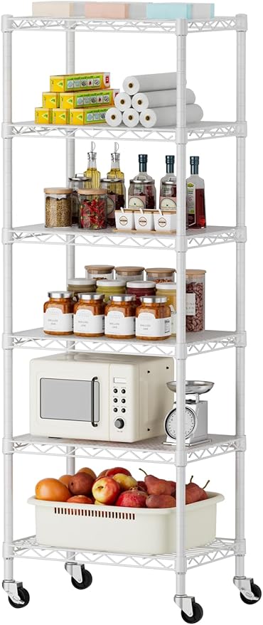 SINGAYE 6 Shelves Storage Shelf Wire Closet Bathroom Organizers Metal Pantry Kitchen Small Garage Shelving Unit Laundry Room Organization Home Narrow Rack Net Basket with Wheels White
