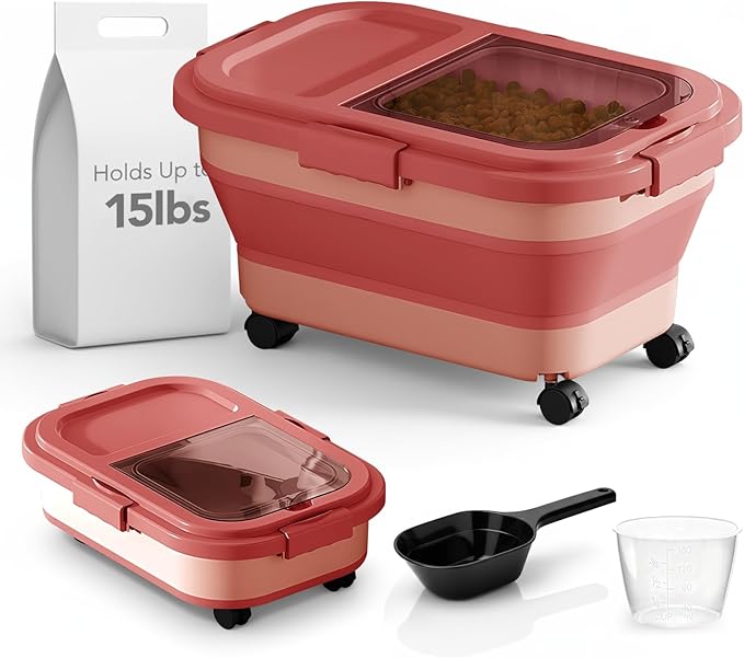 15 Lbs Dog/Cat Food Storage Container,Collapsible Food Storage Containers with Rolling Wheel Airtight Locking Lid,Pet Food Storage Container with Cup and Scoop,Pink